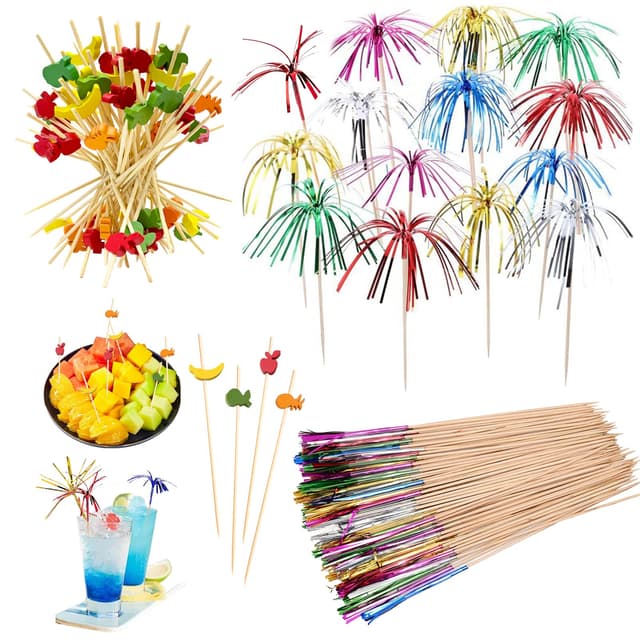 200 Stück Cocktail Deko, 23cm Cocktailspieße, Holz Cocktail Sticks, 12cm Spieße Fingerfood, Wiederverwendbar Cocktailspieße Feuerwerk Sticks für Sommer Party Geburtstagsbars Cocktailparty Deko