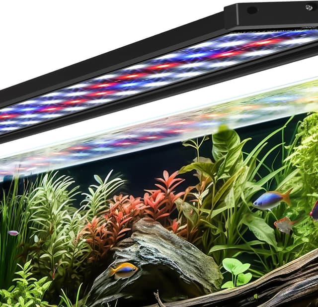 AQQA Aquarium Beleuchtung, Aquarium LED Beleuchtung,Vollspektrum Aquarium Licht with Timer automatisch EIN/aus,5 Helligkeitsstufen,mit ausziehbarer Halterung, 7 Farben 40W(90-116cm)