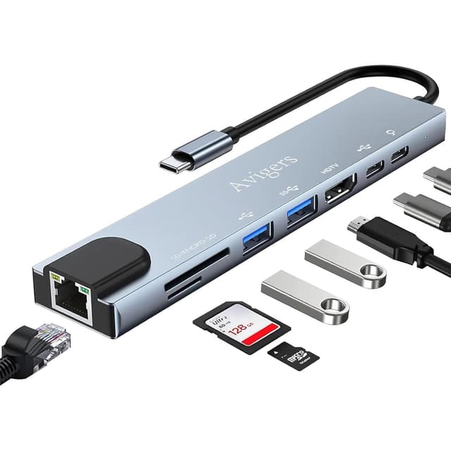 Avigers USB C Hub (8-in-1), USB C Multiport Adapter mit 100W PD, 4K HDMI, SD&TF Kartenleser, USB 3.0, Ethernet LAN Adapter für MacBook Air/Pro, Huawei, Dell und mehr USB C HUB 8 in 1 Silber Grau