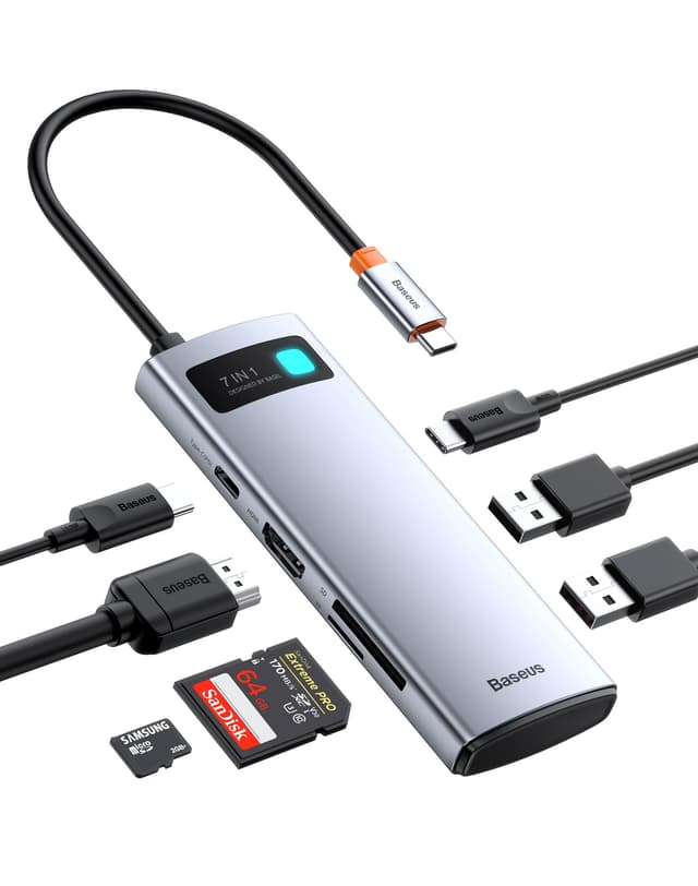 Baseus USB C Hub 7 in 1 Docking Station Adapter mit 4K HDMI, 100W PD, 2 USB 3.0 5Gbps, SD/TF Kartenleser für iPhone 15, Laptop MacBook/Surface Pro/iPad/Steam Deck/Rog Ally/Samsung usw 7 in 1 5Gbps