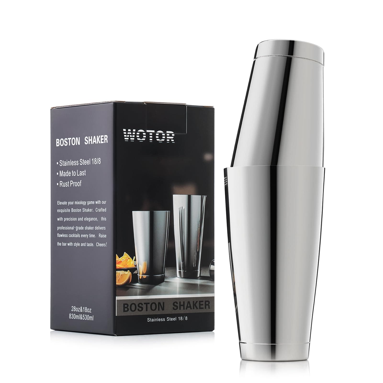 WOTOR Boston Cocktail Shaker Set, 530ml oz & 830ml oz Edelstahl Shaker Dosen mit Gewicht, Metall Martini Shaker Drink Mixer für Bartending, professionelle Bar Tools für Bartender 1 pack