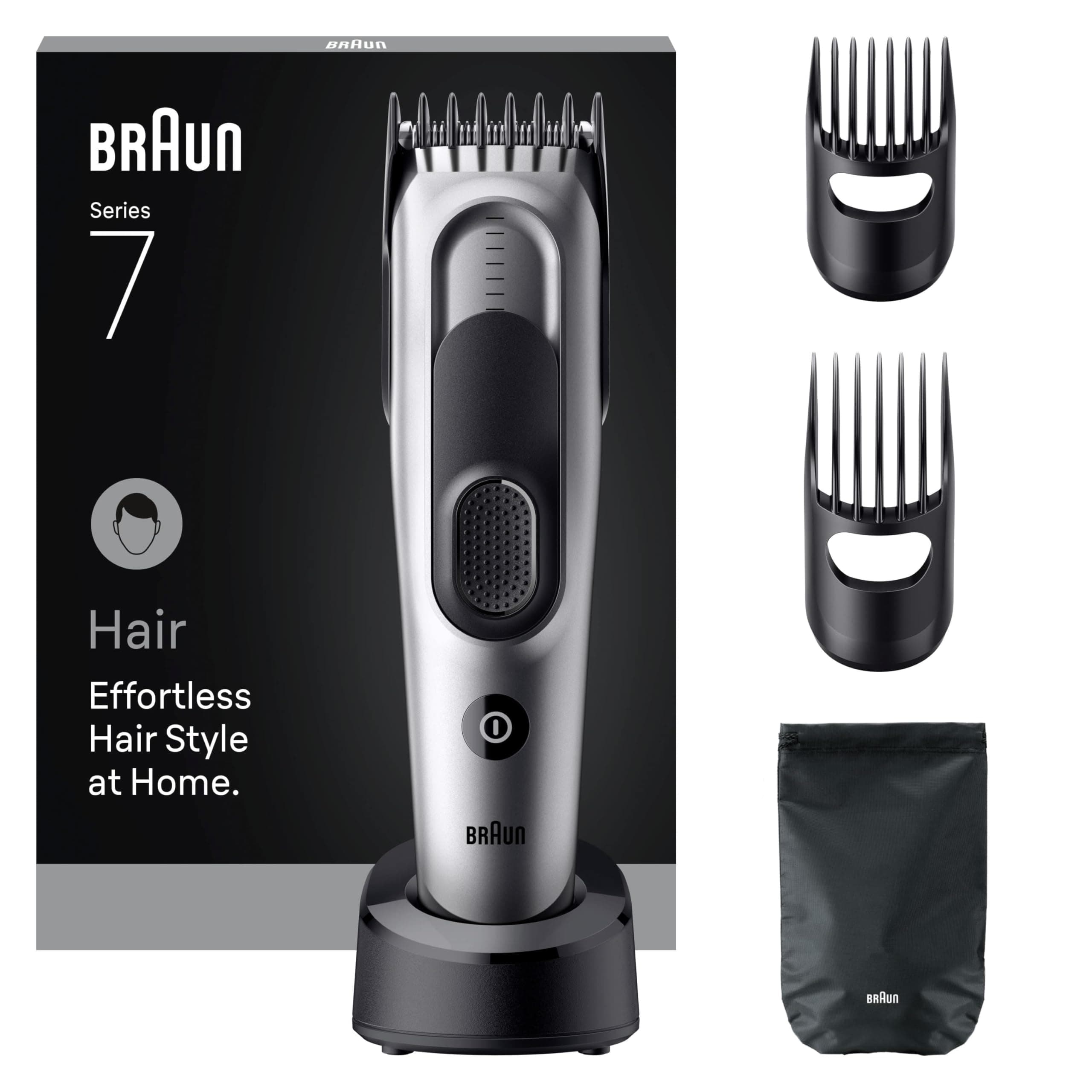 Braun Haarschneider Series 7, Haarschneidemaschine und Rasierapparat für Herren, Haartrimmer mit Ultrascharfe Klingen, 17 Längen, 5 Zubehörteile, 50 Min. Akku, Abwaschbar, HC7590, Grau