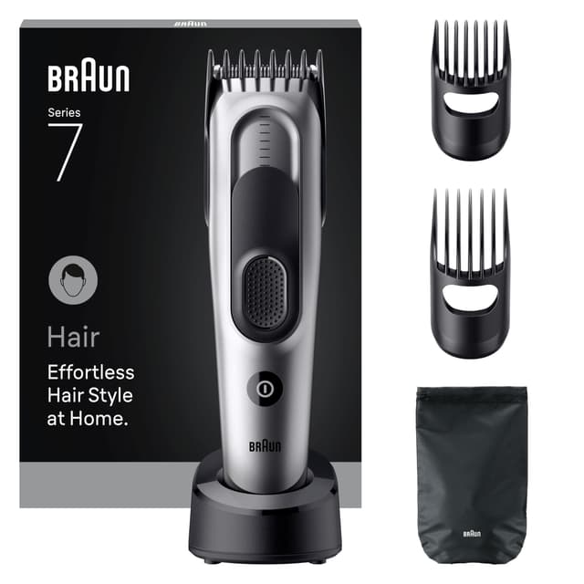 Braun Haarschneider Series 7, Haarschneidemaschine und Rasierapparat für Herren, Haartrimmer mit Ultrascharfe Klingen, 17 Längen, 5 Zubehörteile, 50 Min. Akku, Abwaschbar, HC7590, Grau