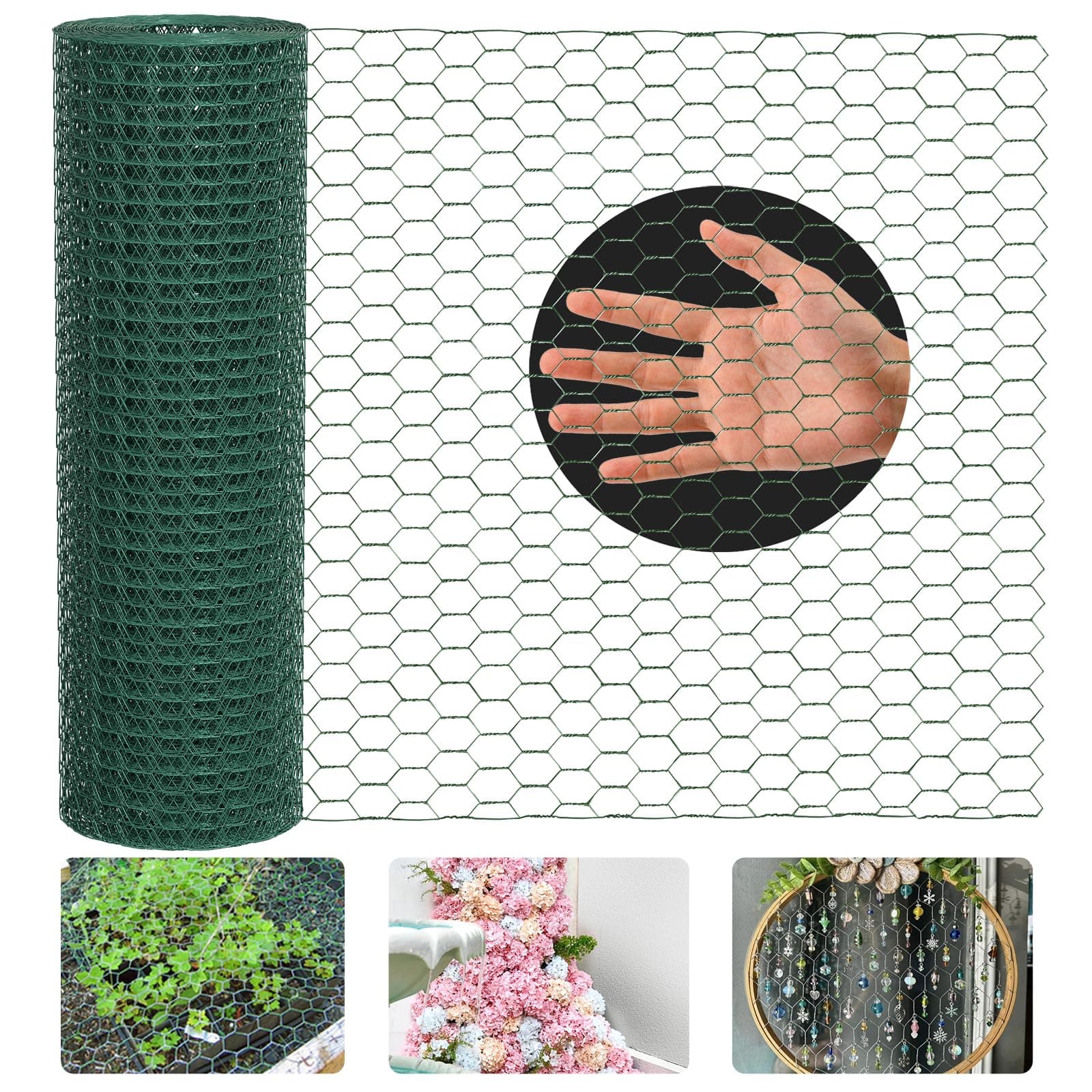 Lienffy Hühnerdraht für Blumenarrangements, Garten Geflügel Netting - 0.3 × 9m verzinkt PVC beschichtet 1.9cm Loch Größe Hexagonal Draht Gartenzaun für Handwerk Huhn Coop Barriere Kaninchenkäfig, grün AGW 22 3/4 12*360''