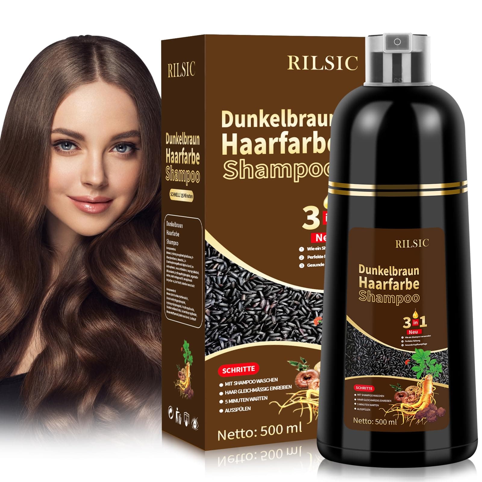 Brown Hair Dye Shampoo 3in 1, Haarfarbe Shampoo Dunkelbraun Gegen Graue Haare Abdecken, Sofortiges Haarfärbeshampoo, Farbshampoo Braun für Männer Frauen 500ml Dark Brown