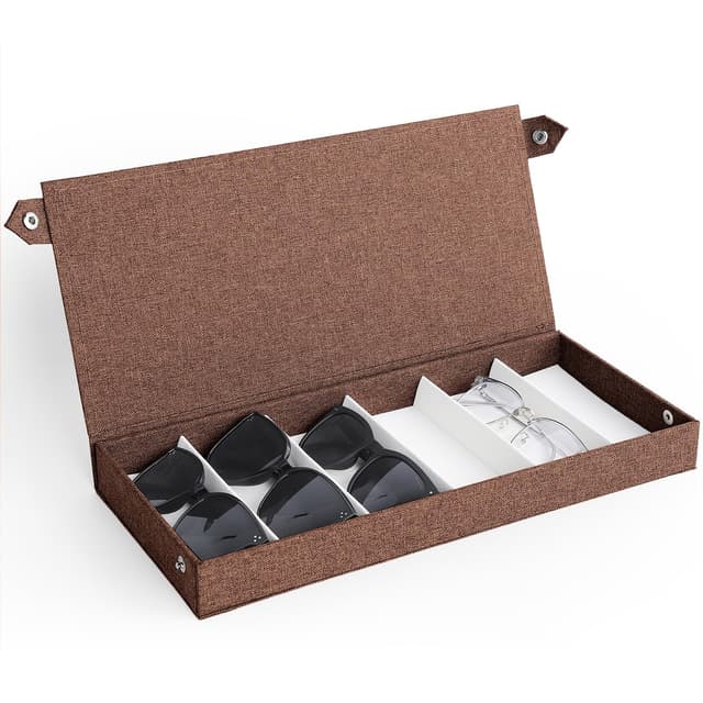 Cozary Aufbewahrungsbox für Brillen - Brillenbox für Mehrere Brillen mit Flip-Top-Design Druckknöpfen, Brillenaufbewahrung für Sonnenbrillen, Schmuck und Accessoires mit 6 Fächern - 38x17x4cm Brown
