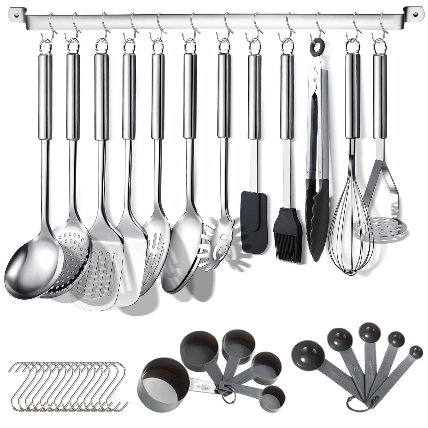 Berglander Küchenutensilien Set 38 teilig, Edelstahl Kochgeschirr Set, Küchenhelfer Kochgeschirr mit Utensilienhalter und Haken zum Aufhängen Spülmaschinenfest 1. Silber