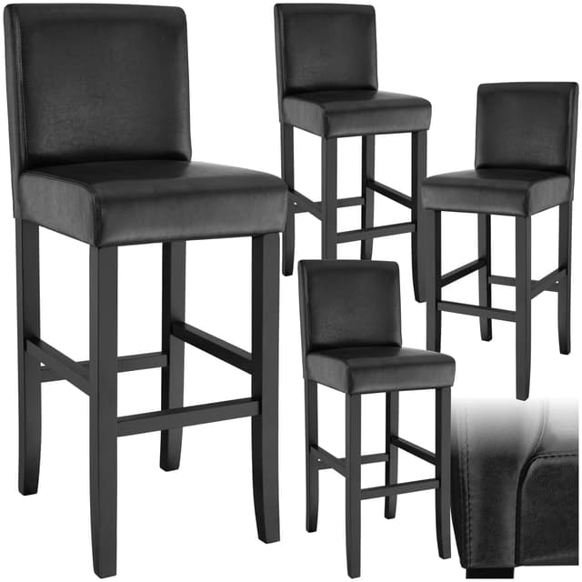 tectake® 4er Set Barhocker, Bistrohocker, Tresenhocker, Barhocker mit Lehne, gepolsterter Barstuhl, Bistrostuhl mit Fußstütze, Holz und Kunstleder, Stuhlbeine aus Massivholz, 107 cm hoch - schwarz Schwarz 4er Set