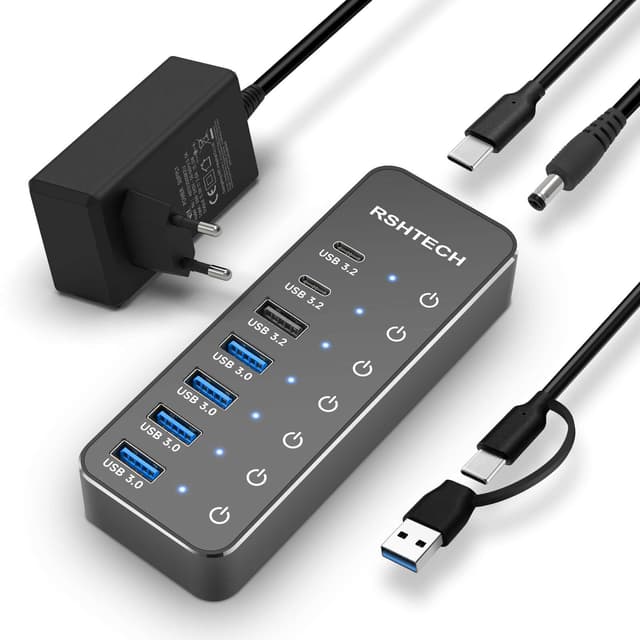 USB C 3.2 Hub Aktiv mit Netzteil, RSHTECH 7 Port USB 3.1 Gen2 Hub mit 3*10Gbps Datenports (Type-A, 2*Type-C), 4*Type-A 3.0 Ports 5Gbps, Touch-Schalter, 2-in-1 Datenkabel (100cm), 15W 5V/3A, RSH-ST07C ST07C ST07C