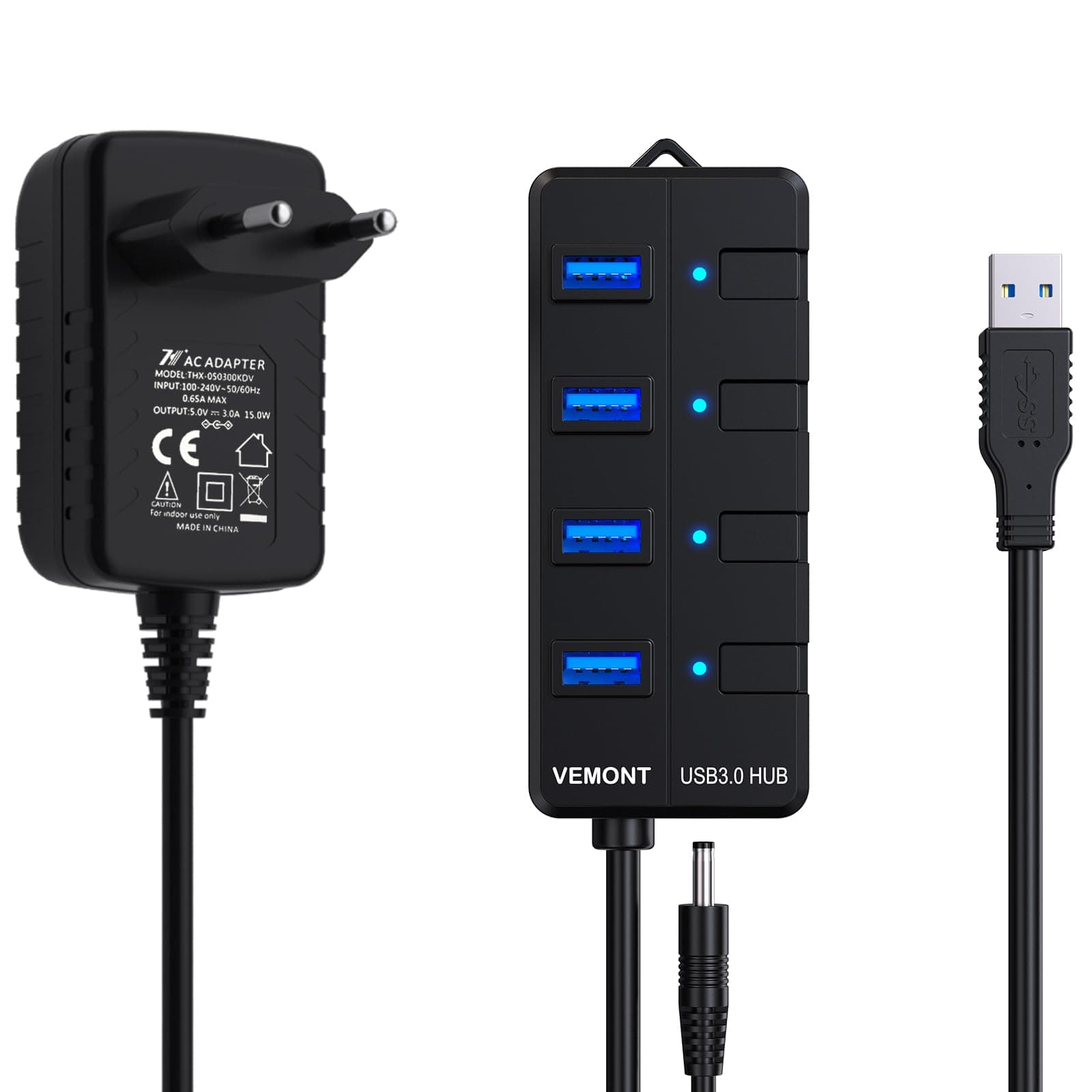 USB Hub mit Netzteil,VEMONT 4 Ports USB 3.0 Hub USB Verteiler Aktiv Adapter und Einzelne EIN/Aus-Schalter 1,2m langes Kabel mit 5V/3A Netzteil Adapter für PC/Laptops und Ultrabooks Schwarz(4 portsmit Netzteil )