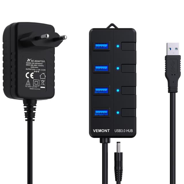 USB Hub mit Netzteil,VEMONT 4 Ports USB 3.0 Hub USB Verteiler Aktiv Adapter und Einzelne EIN/Aus-Schalter 1,2m langes Kabel mit 5V/3A Netzteil Adapter für PC/Laptops und Ultrabooks Schwarz(4 portsmit Netzteil )