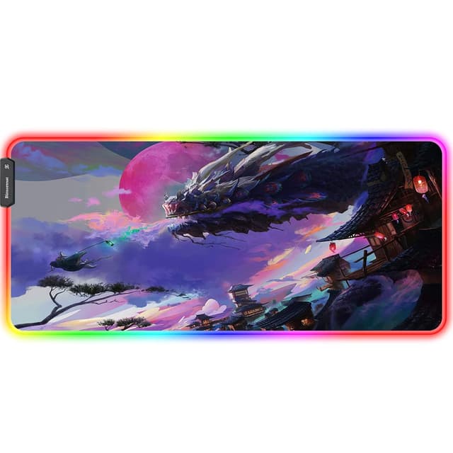 Bimormat Anime RGB Gaming Mauspad,900x400x3mm Groß Mousepad XXL,LED Schreibtischunterlage mit Rutschfester Gummibasis und Haltbaren Genähten Kanten für Personalisierter Gamer(90x40 rgbdragon)