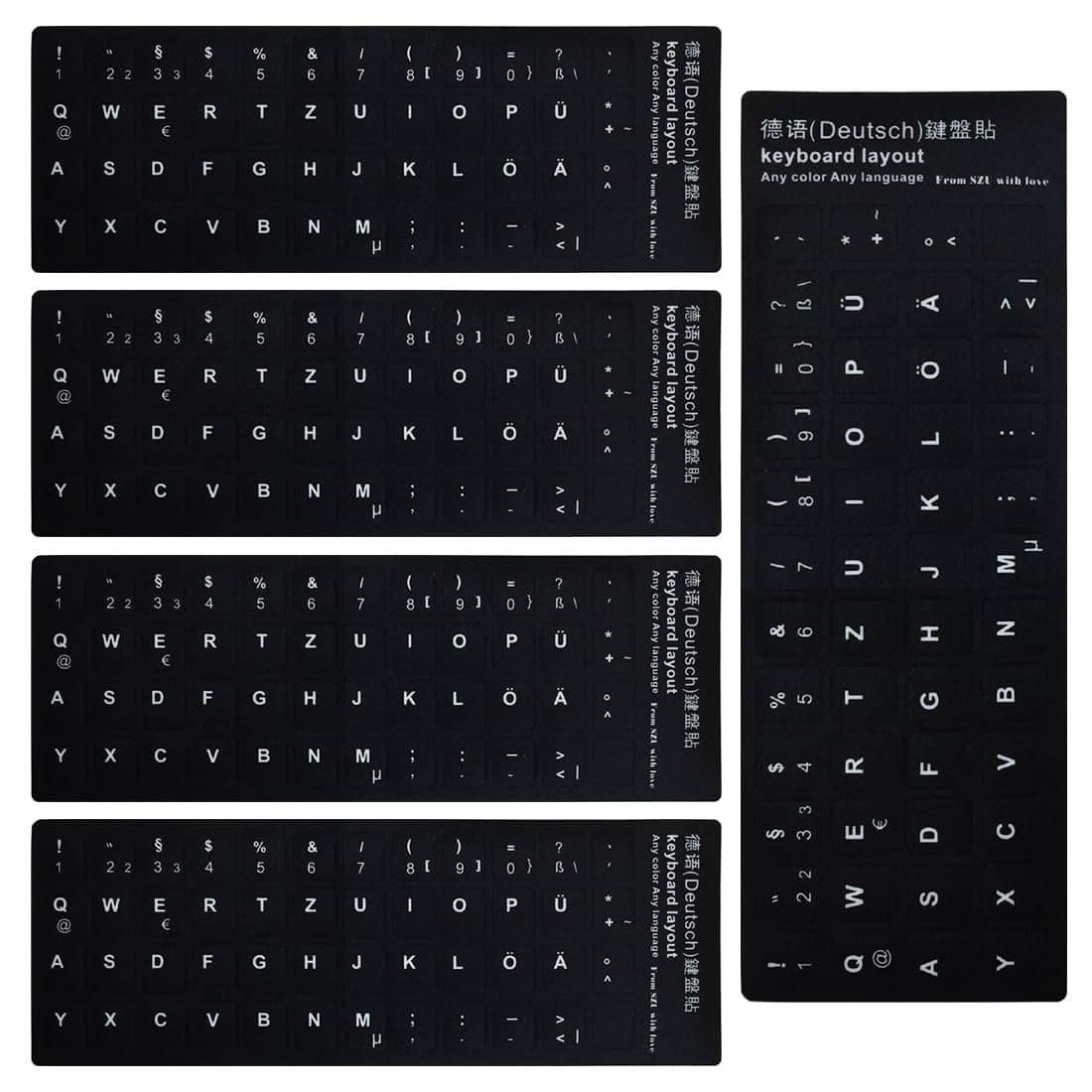 KSJEHW Tastaturaufkleber Deutsch - 5 Stück Tastaturaufkleber, Deutsche Tastatur Aufkleber,Deutsche Ersatz Aufkleber mit Weißen Buchstaben,Geeignet für Jede Standard-Tastatur,Laptop-Tastatur