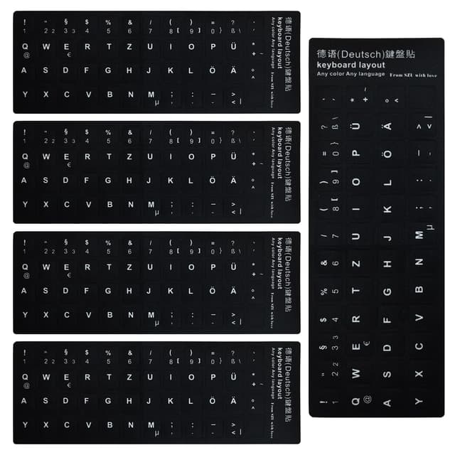 KSJEHW Tastaturaufkleber Deutsch - 5 Stück Tastaturaufkleber, Deutsche Tastatur Aufkleber,Deutsche Ersatz Aufkleber mit Weißen Buchstaben,Geeignet für Jede Standard-Tastatur,Laptop-Tastatur
