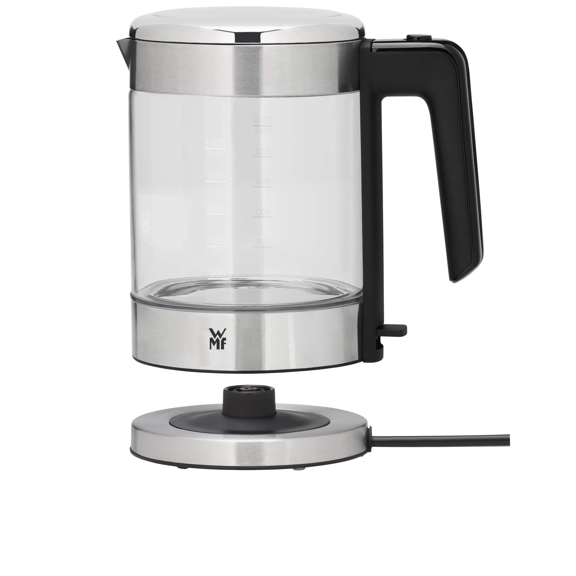 WMF Küchenminis Wasserkocher Glas 1 Liter, kabelloser Wasserkocher klein, Wasserstandanzeige, Kalk-Wasserfilter, Kochstoppautomatik, 1900 Watt, Cromargan Matt Single