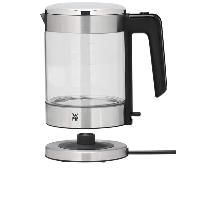 WMF Küchenminis Wasserkocher Glas 1 Liter, kabelloser Wasserkocher klein, Wasserstandanzeige, Kalk-Wasserfilter, Kochstoppautomatik, 1900 Watt, Cromargan Matt Single
