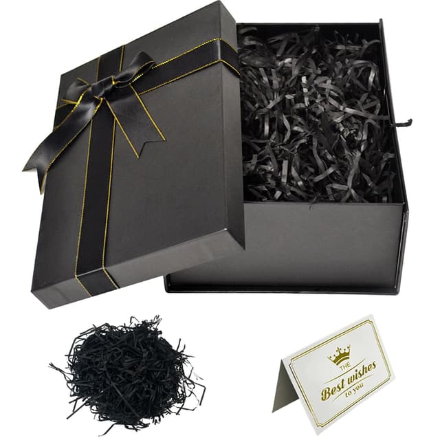 Geschenkbox mit Deckel 22 x 16 x 8,5 cm, Geschenkbox mit Schleifen, Grußkarten, Raffia Hamper Shreds für Hochzeit Geburtstag Weihnachten (Schwarz) Black Box 1 stück (1er Pack)