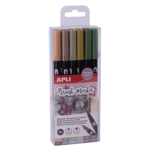 APLI 19156-12 Stück Aquarellstifte in Vintage - Brush Marker mit Doppelspitze, 1 mm rund und 1-4 mm Pinsel