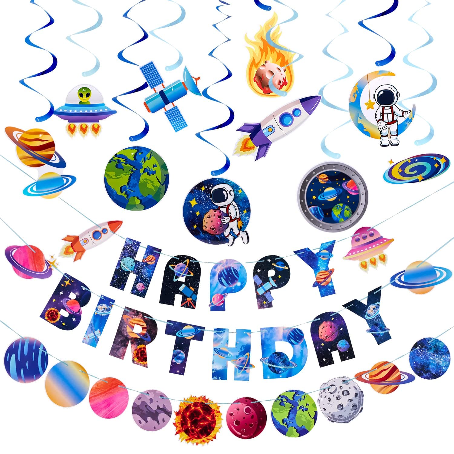 EASY JOY Weltraum deko Planet Geburtstagsdeko Luftschlangen Happy Birthday Banner Girlande Sonnensystem Space Astronauten für Jungen Kindergeburtstag Geburtstag Tk-set Of 3