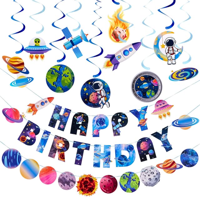 EASY JOY Weltraum deko Planet Geburtstagsdeko Luftschlangen Happy Birthday Banner Girlande Sonnensystem Space Astronauten für Jungen Kindergeburtstag Geburtstag Tk-set Of 3