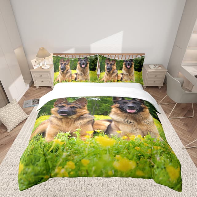 Homemissing 3D Hund Bettbezug Set Niedlicher Deutscher Schäferhund Bettwäsche Set 135x200cm für Kinder Jungen Zweige Gras Betten Set Paar Haustier Welpe Hund Design mit 1 Kissenbezug 2St Mehrfarbig 29 135*200+80*80*1