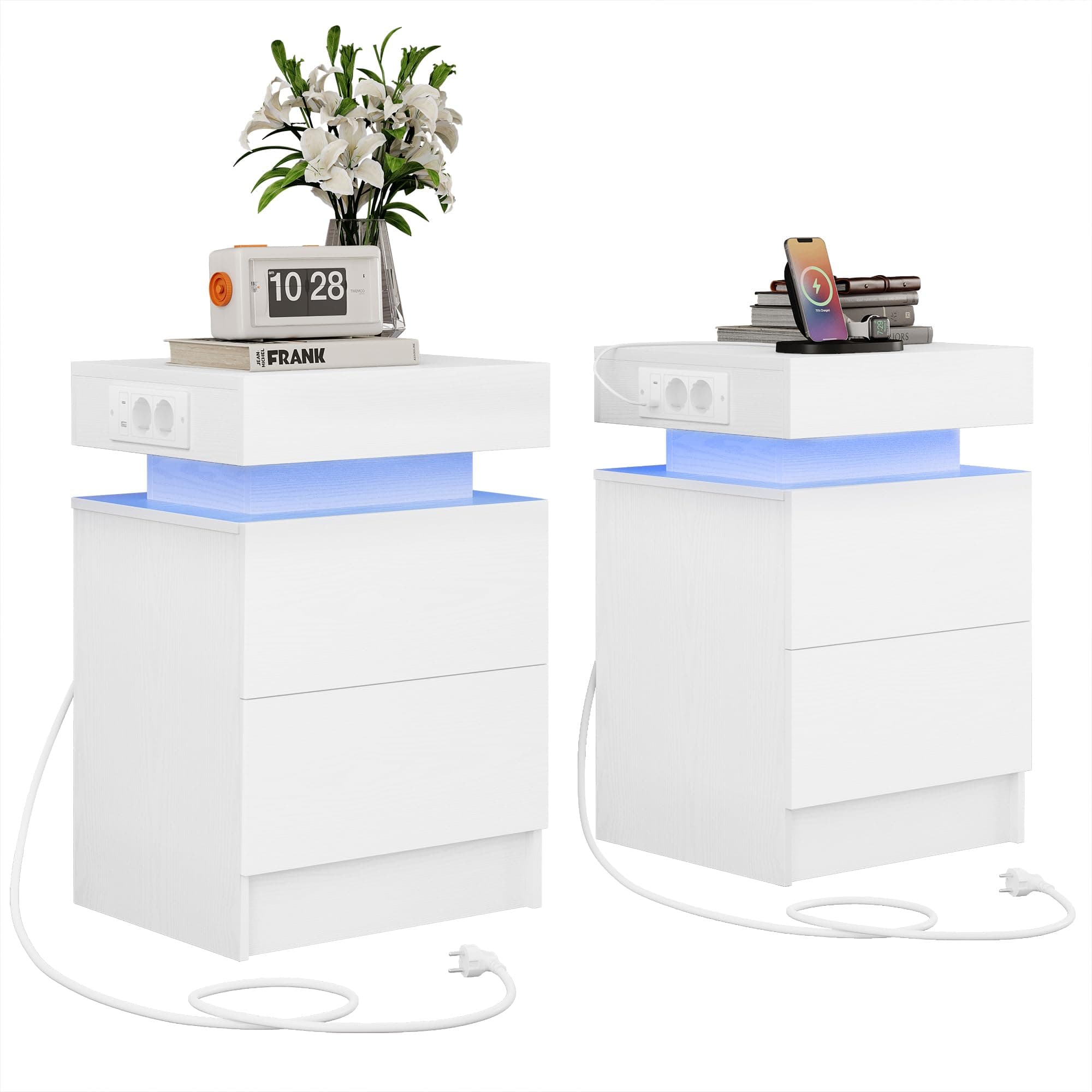 IRONCK Nachttisch 2er Set mit LED-Lichtern & 2 AC-Steckdose, Beistelltisch mit USB+Typ-C Anschlussen, Nachtschrank mit 2 Schubladen, Sofatisch für Schlafzimmer, Wohnzimmer, Weiß
