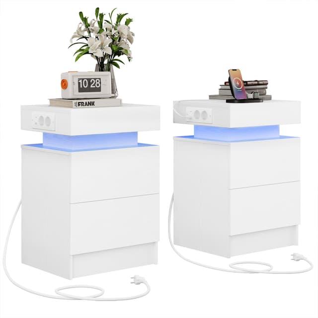 IRONCK Nachttisch 2er Set mit LED-Lichtern & 2 AC-Steckdose, Beistelltisch mit USB+Typ-C Anschlussen, Nachtschrank mit 2 Schubladen, Sofatisch für Schlafzimmer, Wohnzimmer, Weiß