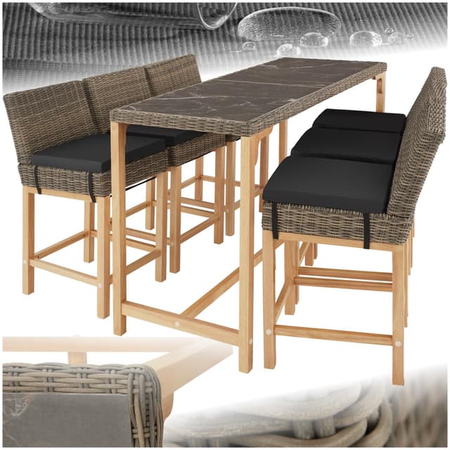 tectake® Rattan Bartisch mit Barhocker Set, Outdoor Balkon Möbel, Gartenmöbel Set mit Stehtisch und 6X Barstuhl mit Lehne, Theke in Marmor Optik, für Garten, Terrasse, Balkon - grau Natur