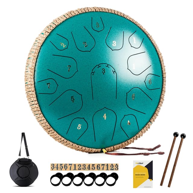MeloBeat Zungentrommel 14 Zoll 15 Töne - Professionelles Steel Tongue Drum Handpan Set in D Dur inkl. Zungentrommel Liederbuch, Schlagzeug Sticks und Trommel Tragetasche (Grün) 14 Zoll Grün