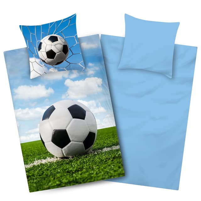 Aminata kids - Fußball Bettwäsche 135x200 Jungen - Fussball-Fan-Motiv Polycotton - mit Reißverschluss - Wende Teenager-Kinder-Bettwäsche-Set blau