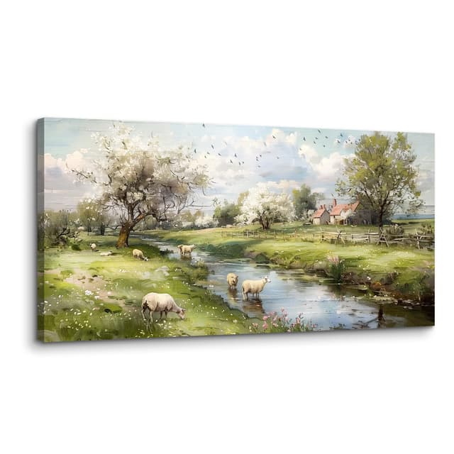 MHARTK66 Schafe auf Einem Bauernhof Leinwand Bilder, 50x100 cm Groß Wandbilder Wohnzimmer Weideland Tiere Bild Aesthetic, Modern Wanddeko Kunstdruck Schlafzimmer Badezimmer Büro Esszimmer Küche Schafe auf einem Bauernhof 100L x 50B cm