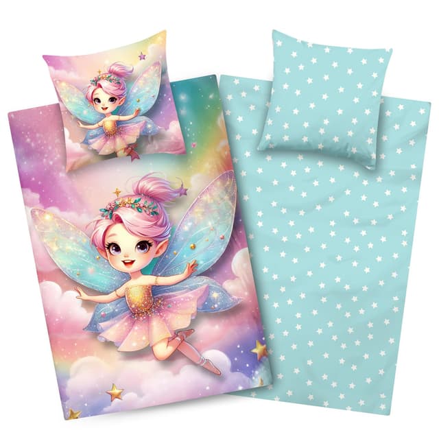 Aminata kids Kinderbettwäsche Mädchen Fee & Regenbogen - 135x200 cm Bettbezug + 80x80 cm Kissenbezug - 100% Baumwolle Wendebettwäsche mit Sternen - YKK Reißverschluss