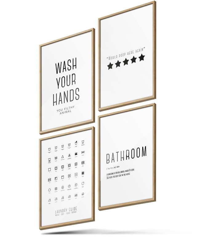 BLCKART Poster-Set Badezimmer - 4er Set moderne Wandbilder mit Sprüchen - Premium Poster für Badezimmer - Bilder zur Wanddekoration - Größe A4 A4 (ohne Rahmen) Badezimmer Set | 02