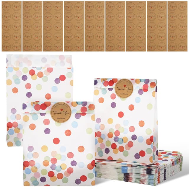 80 Stück Geburtstagstüten,19 x 13 x 3.5cm Papiertüten Kindergeburtstag Geschenktüten,Bunt Runde Punkte Mitgebsel Tüten mit 90 Aufkleber für Hochzeit,Party, Kindergeburtstag,Feiern