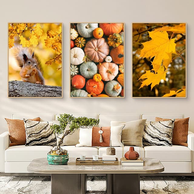 Uixxducc 3er Herbst Poster Set, Herbst Eichhörnchen Kürbis Blätter Bilder Set, Wandbilder Wohnzimmer Natur Herbst Wanddeko für Schlafzimmer Flur,Ohne Rahmen (C,30x40cm) C 30x40cm