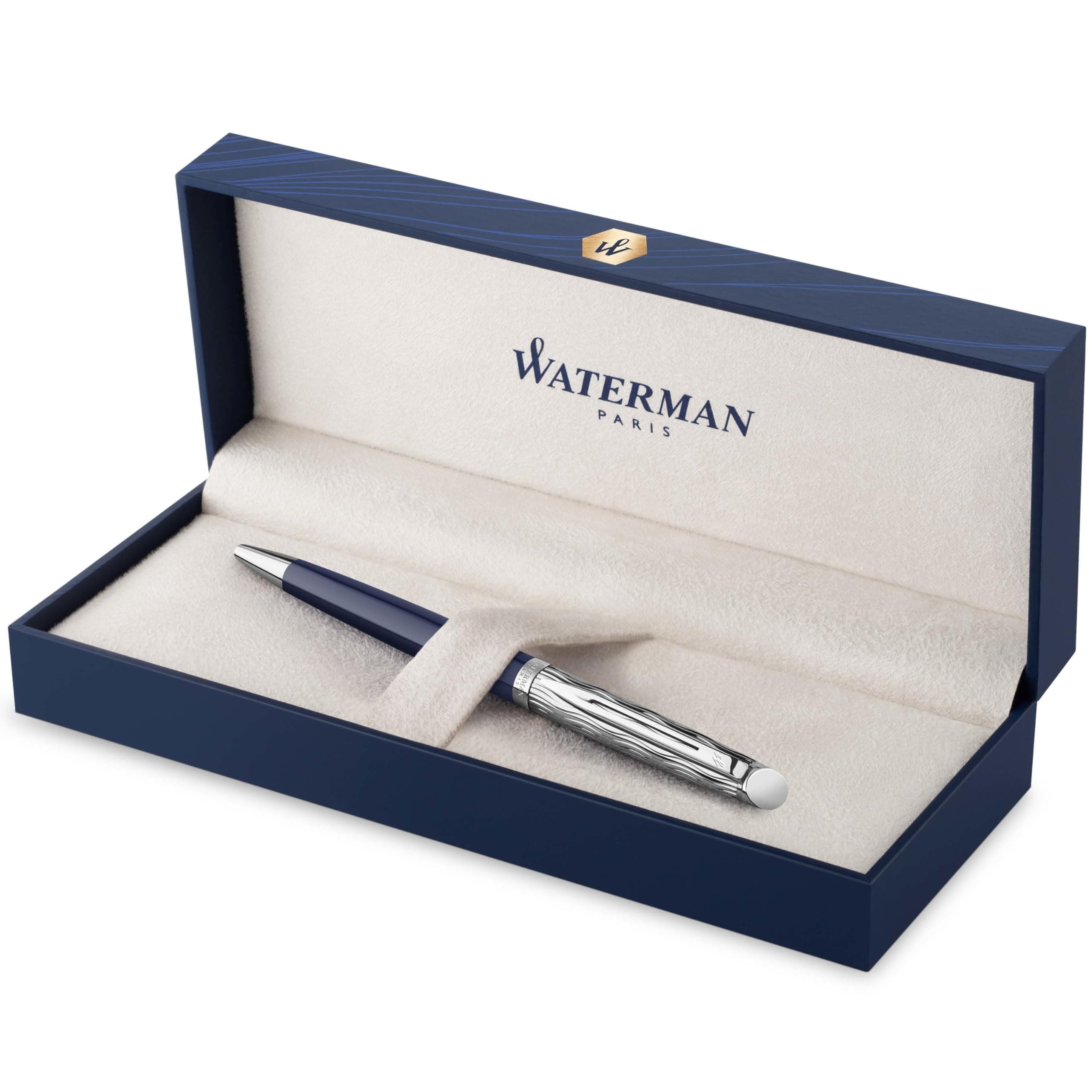 Waterman Hémisphère Kugelschreiber | Metall und blaue Lackierung | ziselierte Kappe | blaue Tinte | Geschenkbox Kugelschreiber L’Essence du Bleu