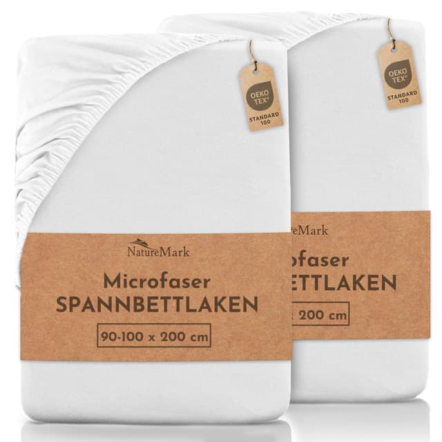 NatureMark Mikrofaser SPANNBETTLAKEN 2er Pack zum Sparpreis! viele Größen und Farben Markenware (Bettlaken 90 x 200 cm - 100 x 200 cm - Weiß) Weiß 2er Pack 90x200 - 100x200 cm