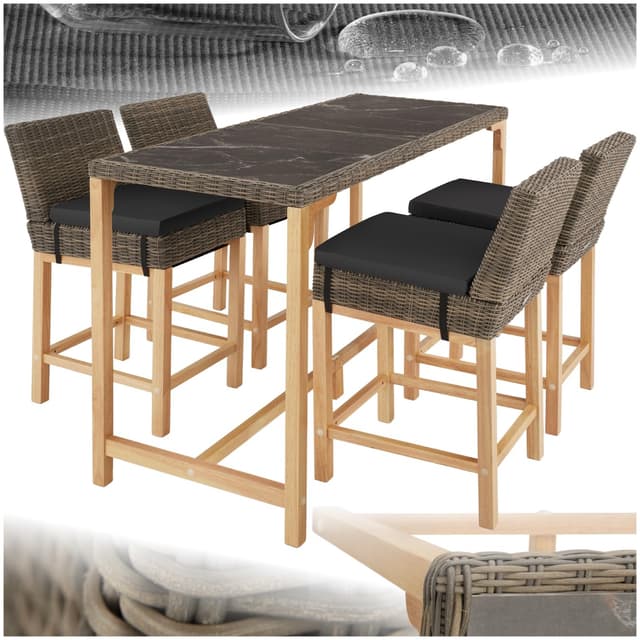 tectake® Rattan Bartisch mit Barhocker Set, Outdoor Balkon Möbel, Gartenmöbel Set mit Stehtisch und 4X Barstuhl mit Lehne, Theke in Marmor Optik, für Garten, Terrasse, Balkon - Natur