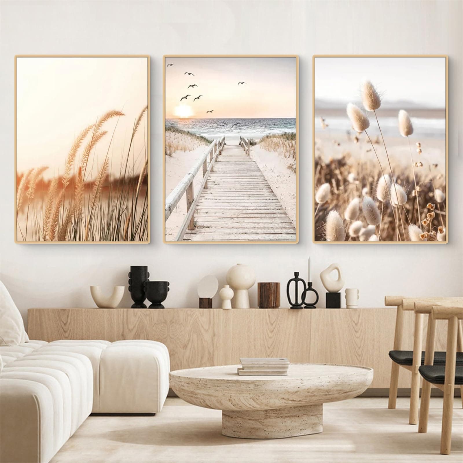 Uixxducc 3-teiliges Aesthetic Poster Set Natur Küstenstrand Seevogel-Szenerie Bilder Set Wandbilder Wohnzimmer, Beige Boho Pampasgras Bilder, Schlafzimmer Deko, ohne Rahmen (A,50x70cm) A 50x70cm
