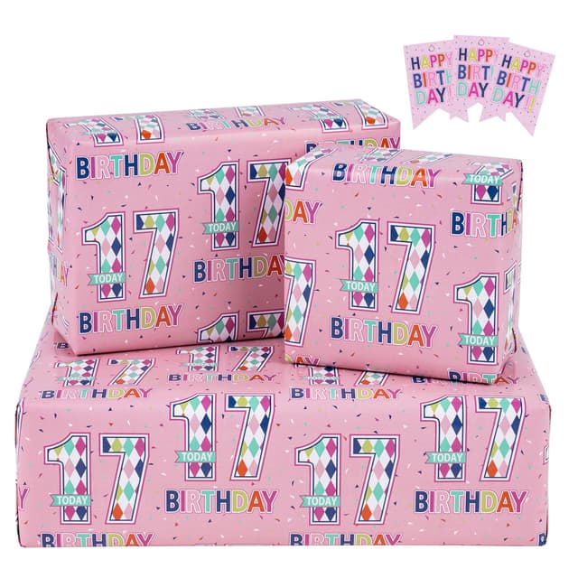 RUSPEPA Geburtstags-Geschenkpapierbögen mit Geschenkanhängern für Teenager-Mädchen-Geburtstagsgeschenkpapier, 3-fach gefaltet auf Bögen pro Set, 50 x 70 cm, Alter 17