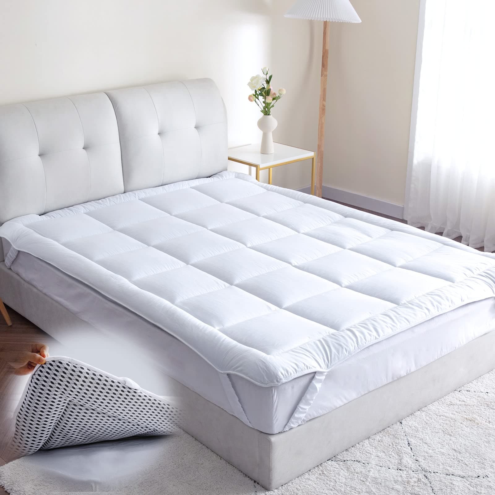 Threads For Bed® Atmungsaktiv Matratzen Topper Unterbett 180x200 aus Baumwolle Gewebe, Washbare Matratenauflage für Komfort & Fernhalten von Schmutz, Matratzenschoner für Matratzen & Boxspringbett White 180x200cm