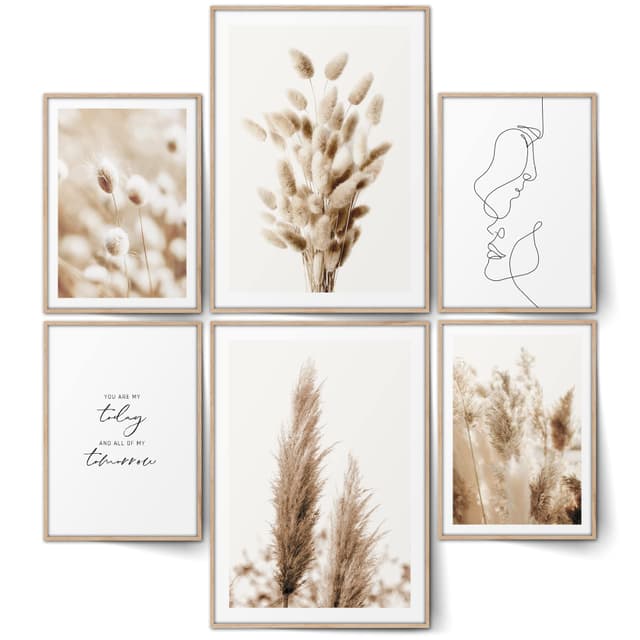 BLCKART Beige Love Pampasgras Poster Set Wohnzimmer Deko Boho (L | 2x A3 | 4x A4 | ohne Rahmen, BEIGE LOVE PAMPASGRAS V2) L | 2x A3 | 4x A4 | ohne Rahmen Beige Love Pampasgras