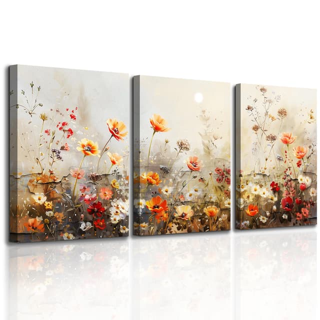 MHARTK66 Rote Blumen Leinwand Bilder Set Wohnzimmer, Landschaft Wandbilder Schlafzimmer, Natur Bild Aesthetic, Modern Wandeko Wandkunst Badezimmer Flur Büro Esszimmer Küche Rote Blumen 40L x 30B cm