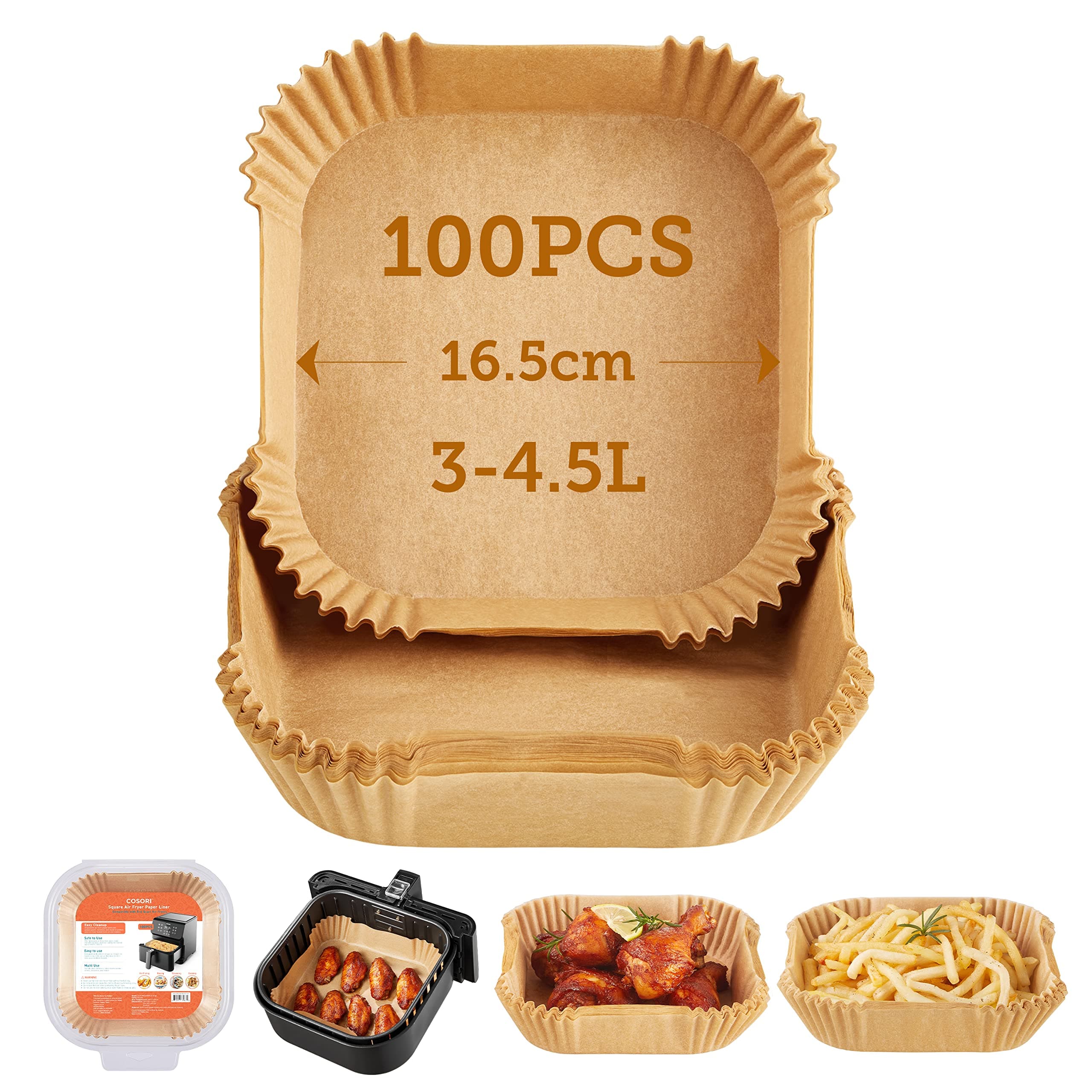 Cosori Backpapier für Heißluftfritteuse XL 3-4,5 L, 100 Stück 16.5 cm, ungebleichtes Airfryer zubehör, antihaftbeschichtete Einwegschalen, Pergamentpapier, kompatibel mit gängigen Heißluftfritteusen 3-4,5L Brown