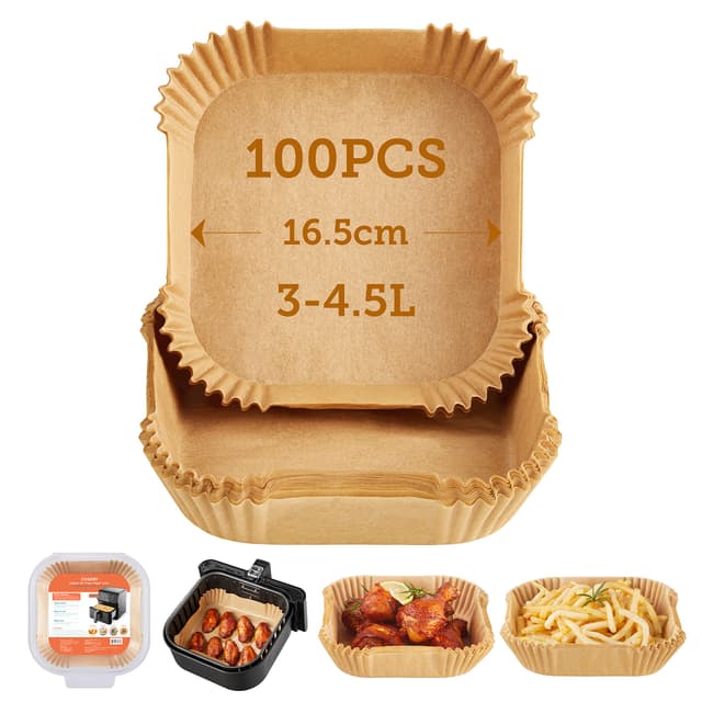 Cosori Backpapier für Heißluftfritteuse XL 3-4,5 L, 100 Stück 16.5 cm, ungebleichtes Airfryer zubehör, antihaftbeschichtete Einwegschalen, Pergamentpapier, kompatibel mit gängigen Heißluftfritteusen 3-4,5L Brown