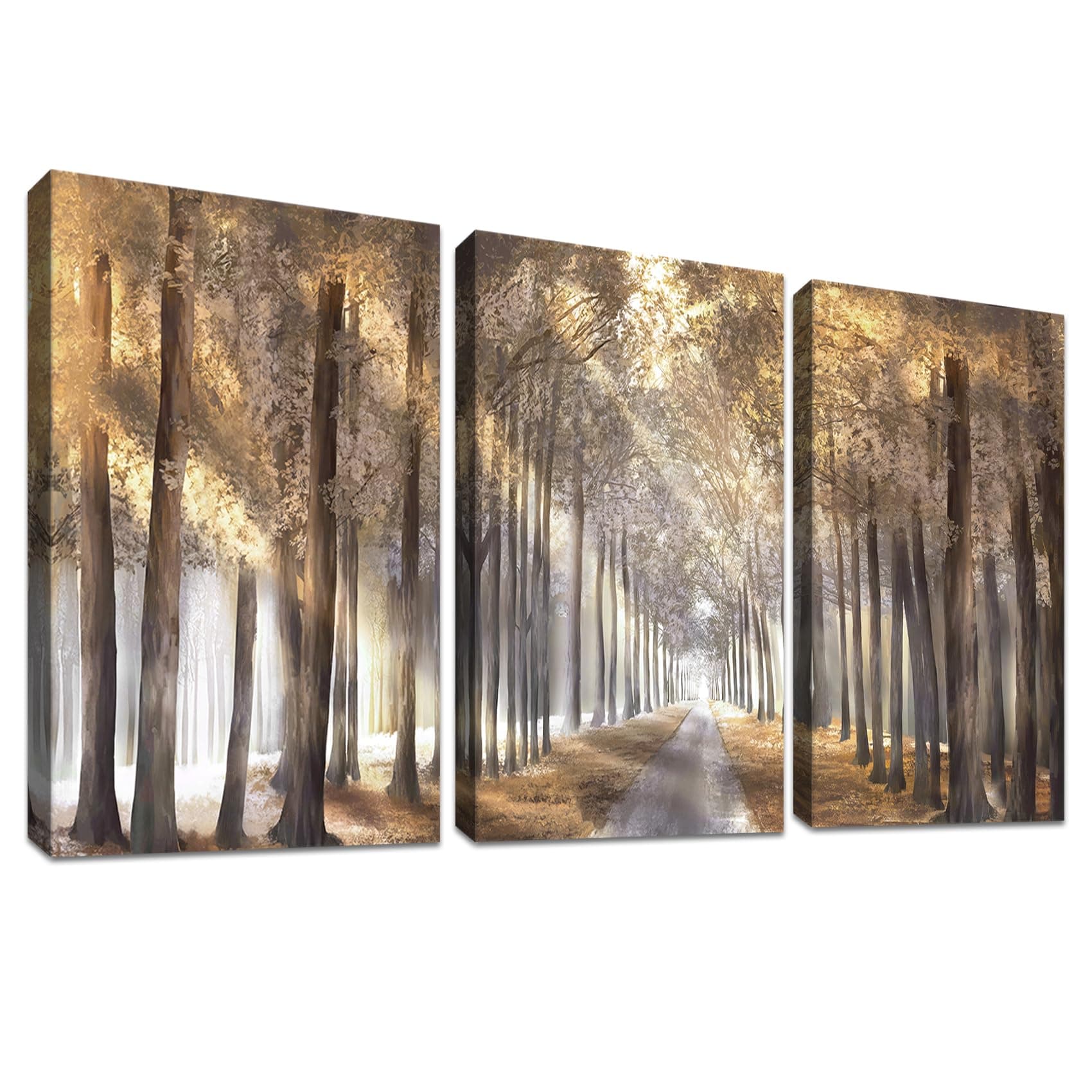 3 Pcs Sonniger Waldbaum Mit Rahmen Leinwand Bilder Abstrakte braune Wälder Bild auf Leinwand Malerei Poster Wandbilder Wanddeko Gaststätte Wohnzimmer Schlafzimmer Dekorationen 90x40cm (12"x16"x3pcs) Sonniger Waldbaum 30L x 40B cm