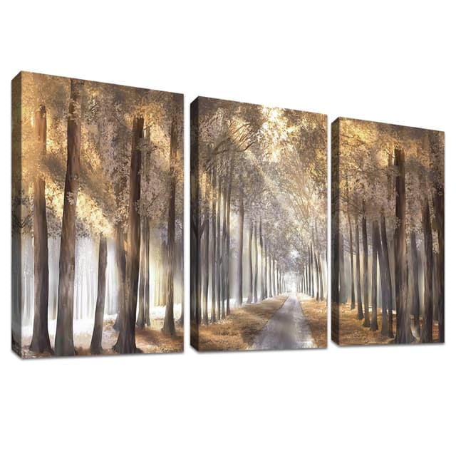 3 Pcs Sonniger Waldbaum Mit Rahmen Leinwand Bilder Abstrakte braune Wälder Bild auf Leinwand Malerei Poster Wandbilder Wanddeko Gaststätte Wohnzimmer Schlafzimmer Dekorationen 90x40cm (12"x16"x3pcs) Sonniger Waldbaum 30L x 40B cm