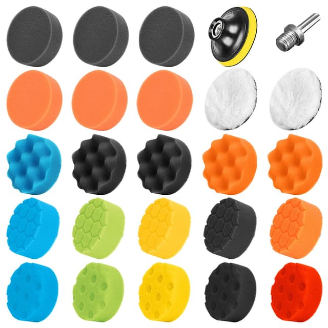 SPTA Edelstahl, Polierschwamm, 25tlg 80mm Polieren Pad Schwamm Set mit Polierpad und Polierfell Polierset Polierteller Kit für Bohrmaschine, Für Poliermaschine