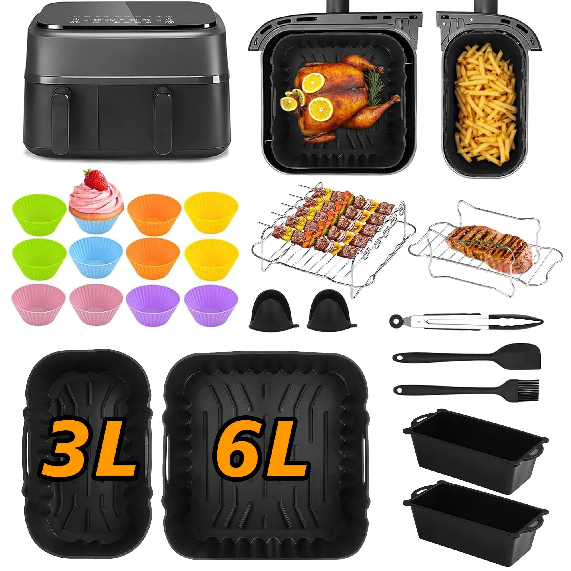 Ninipie 28 Stück Zubehör für Philips Dual Basket 3000 Heißluftfritteuse NA350/00 NA550/00, Heißluftfritteusen Silikonform Accessories Set für Philips 5000 Series 3L/6L, Tefal Dual Easy 5,2L/3,1L Schwarz 28 Stück 3L+6L