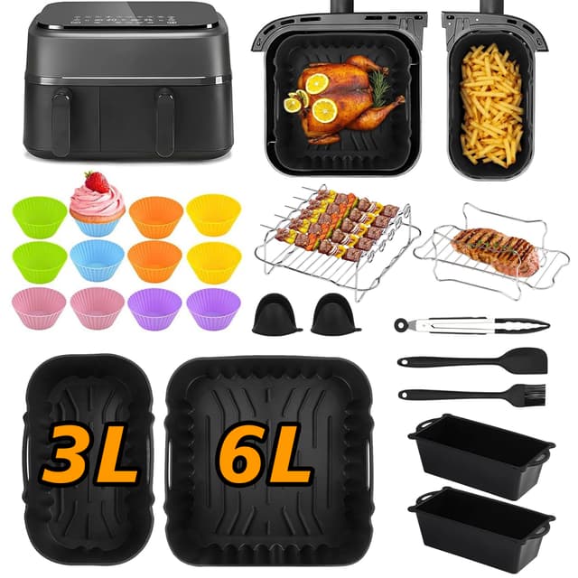 Ninipie 28 Stück Zubehör für Philips Dual Basket 3000 Heißluftfritteuse NA350/00 NA550/00, Heißluftfritteusen Silikonform Accessories Set für Philips 5000 Series 3L/6L, Tefal Dual Easy 5,2L/3,1L Schwarz 28 Stück 3L+6L